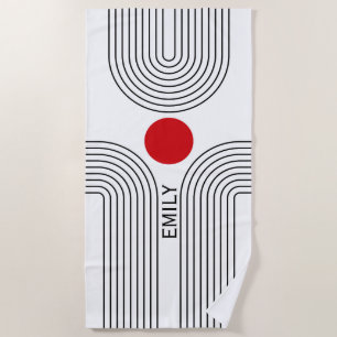 Red sun and Mid Century black and white arches Beach Towel