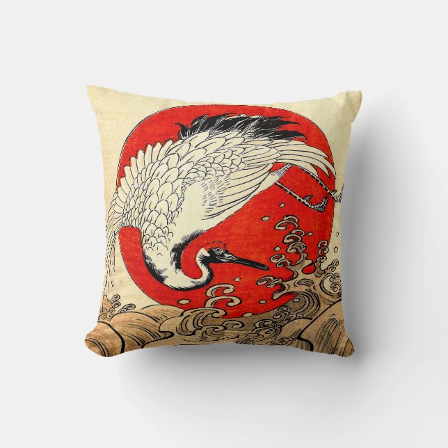 RED SUN ,JAPANESE FLYING CRANE AND SEA WAVES  CUSHION (Front)