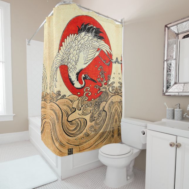 RED SUN ,JAPANESE FLYING CRANE AND SEA WAVES  SHOWER CURTAIN (In Situ)