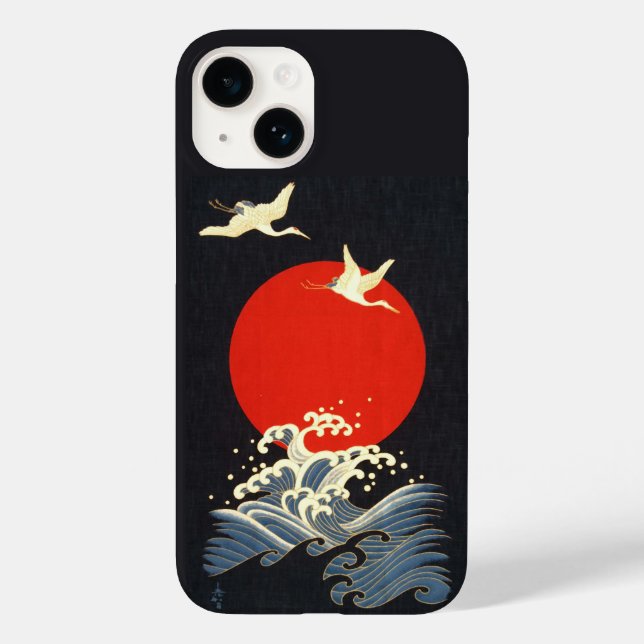 RED SUN ,JAPANESE FLYING CRANES,SEA WAVES IN BLACK Case-Mate iPhone CASE (Back)