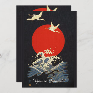 RED SUN ,JAPANESE FLYING CRANES,SEA WAVES IN BLACK INVITATION