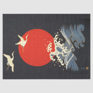 RED SUN ,JAPANESE FLYING CRANES,SEA WAVES IN BLACK TISSUE PAPER