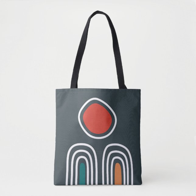 Red sun over oho rainbows, abstract line art tote bag (Front)