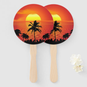 Red Sun Tropical Palm Beach Hand Fan