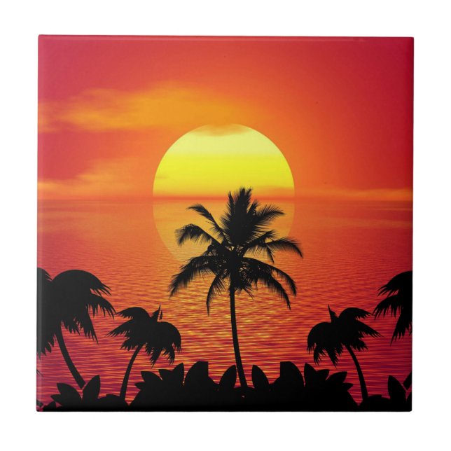 Red Sun Tropical Palm Beach Tile (Front)