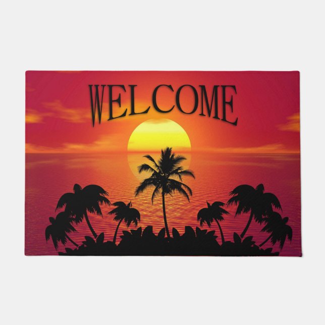 Red Sun Tropical Palm Beach Welcome Doormat (Front)