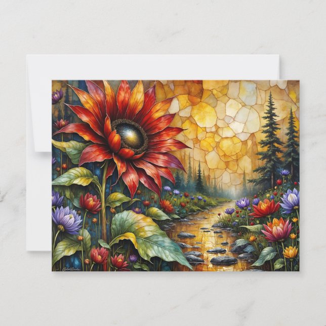 Red Sunflower in valley by stream (Front)