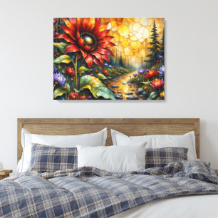 Red Sunflower in valley by stream Canvas Print