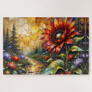 Red Sunflower in valley by stream Jigsaw Puzzle