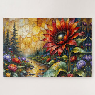Red Sunflower in valley by stream Jigsaw Puzzle