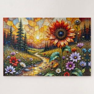 Red Sunflower in valley by stream Jigsaw Puzzle