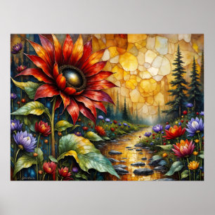 Red Sunflower in valley by stream Poster
