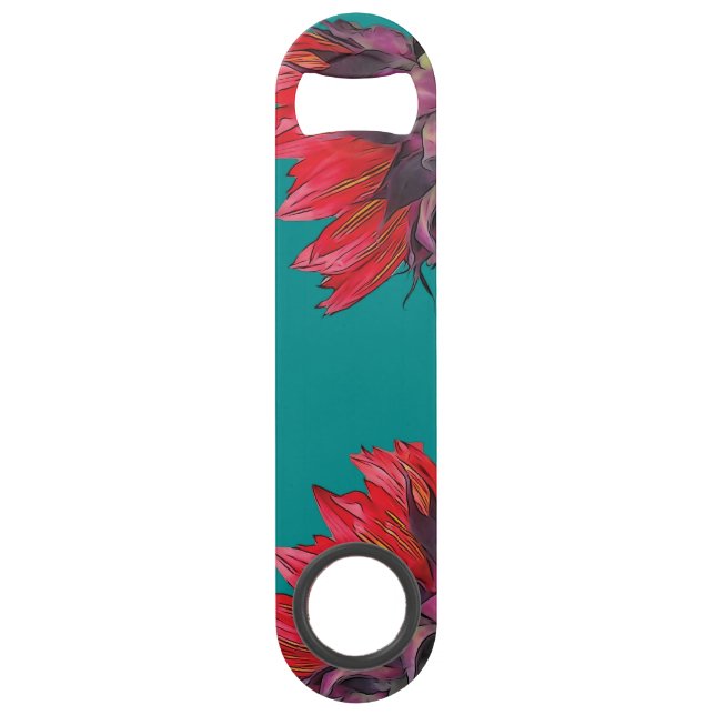 Red Sunflower Sideview Turquoise Bottle Opener (Front)