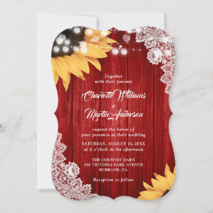 Red Sunflower Wood Floral Lace Wedding Invitation