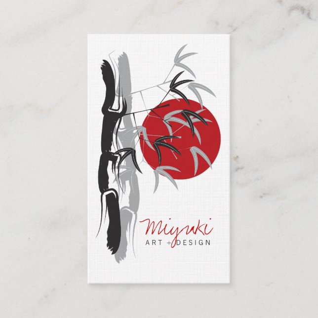 Red Sunrise Oriental Bamboo Leaves Modern Asian Business Card (Front)