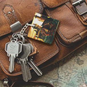 Red Sunset Castle Dragon Fantasy Key Ring