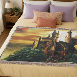 Red Sunset Castle Dragon Fantasy Throw Blanket