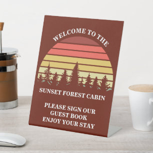 Red Sunset Forest Customised Log Cabin Pedestal Sign