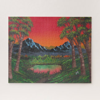 Red Sunset Mountain Forest Lake Jigsaw Puzzle
