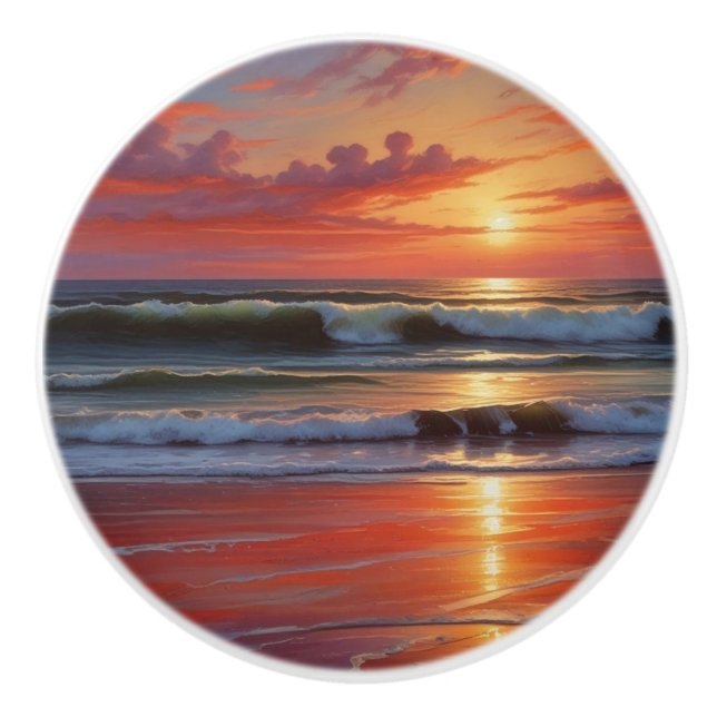 Red Sunset Ocean Seascape Painting Artwork Ceramic Knob (Front)