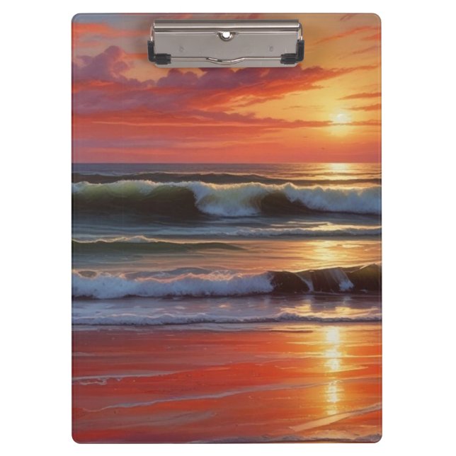 Red Sunset Ocean Seascape Painting Artwork Clipboard (Front)