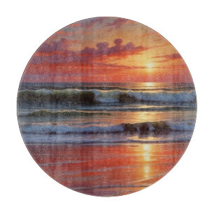 Red Sunset Ocean Seascape Painting Artwork Cutting Board