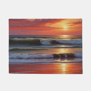 Red Sunset Ocean Seascape Painting Artwork Doormat