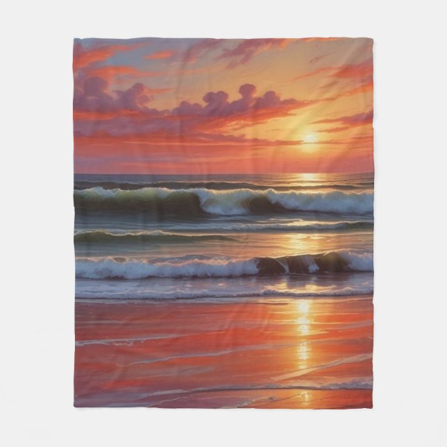 Red Sunset Ocean Seascape Painting Artwork Fleece Blanket (Front)