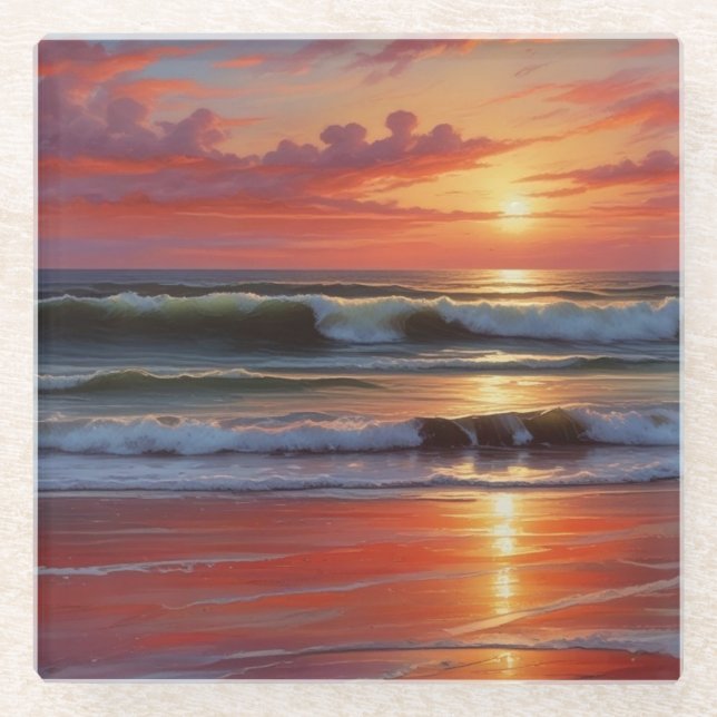 Red Sunset Ocean Seascape Painting Artwork Glass Coaster (Front)