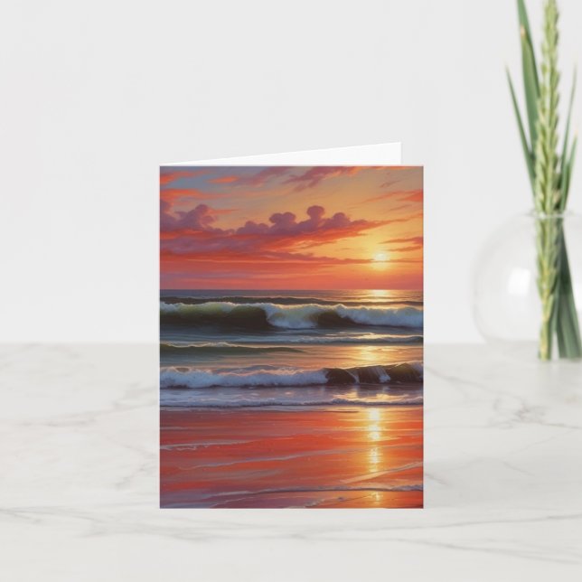Red Sunset Ocean Seascape Painting Artwork Holiday Card (Front)
