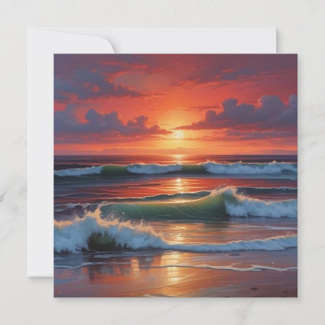 Red Sunset Ocean Seascape Painting Artwork Holiday Card (Front)