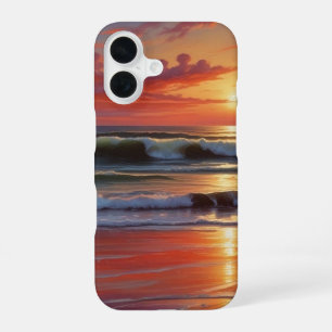 Red Sunset Ocean Seascape Painting Artwork iPhone 16 Case
