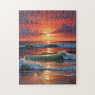 Red Sunset Ocean Seascape Painting Artwork Jigsaw Puzzle