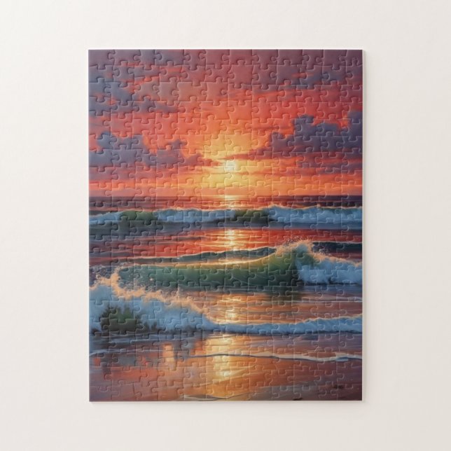 Red Sunset Ocean Seascape Painting Artwork Jigsaw Puzzle (Vertical)