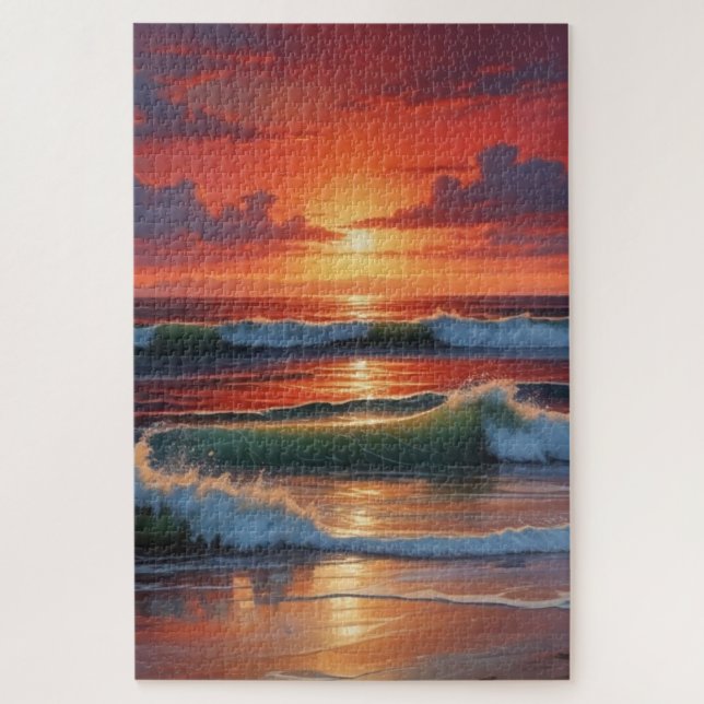 Red Sunset Ocean Seascape Painting Artwork Jigsaw Puzzle (Vertical)