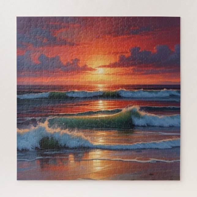 Red Sunset Ocean Seascape Painting Artwork Jigsaw Puzzle (Vertical)
