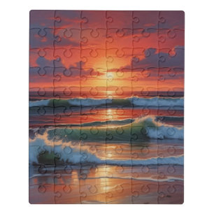 Red Sunset Ocean Seascape Painting Artwork Jigsaw Puzzle