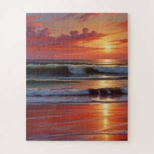 Red Sunset Ocean Seascape Painting Artwork Jigsaw Puzzle
