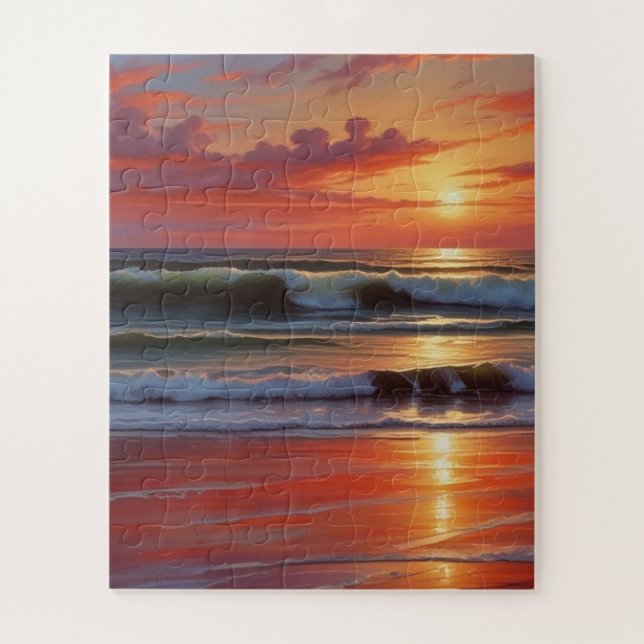 Red Sunset Ocean Seascape Painting Artwork Jigsaw Puzzle (Vertical)
