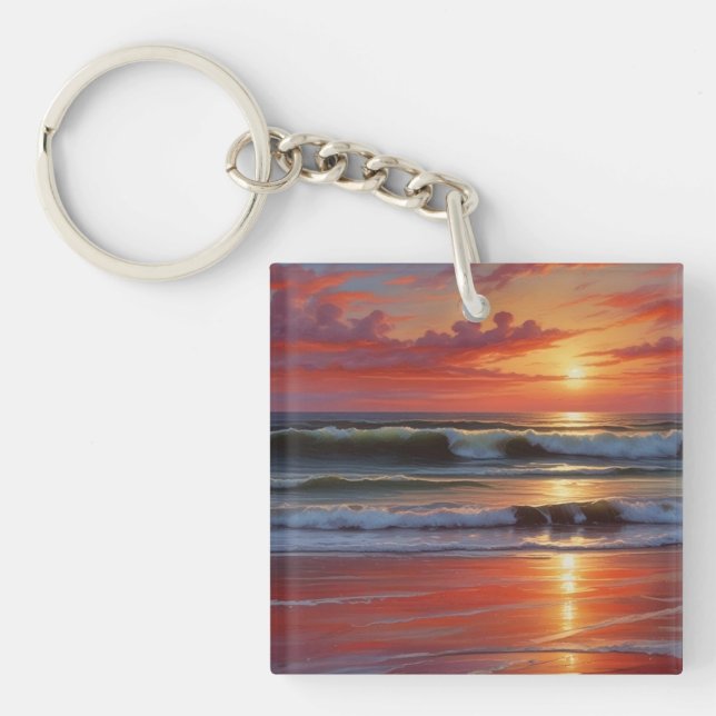 Red Sunset Ocean Seascape Painting Artwork Key Ring (Front)