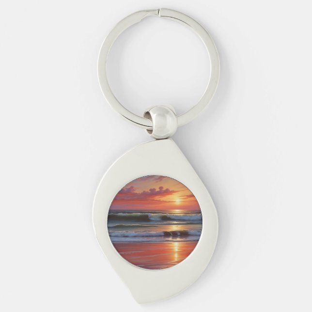 Red Sunset Ocean Seascape Painting Artwork Key Ring (Front)
