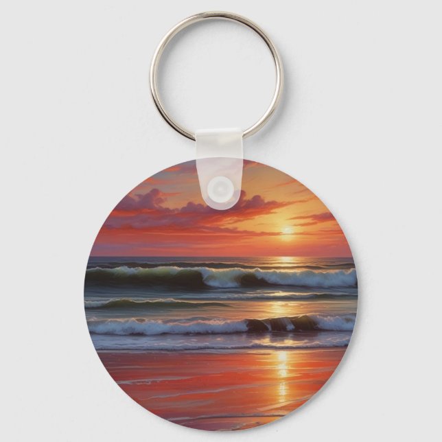 Red Sunset Ocean Seascape Painting Artwork Key Ring (Front)