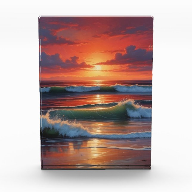 Red Sunset Ocean Seascape Painting Artwork Photo Block (Front)