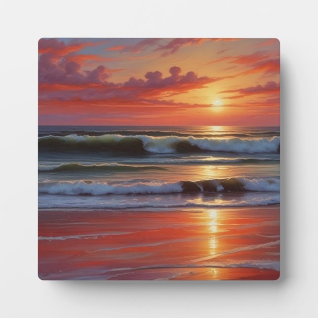 Red Sunset Ocean Seascape Painting Artwork Plaque (Front)