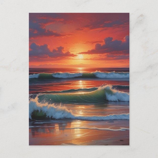 Red Sunset Ocean Seascape Painting Artwork Postcard (Front)