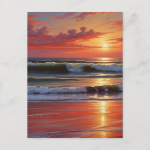 Red Sunset Ocean Seascape Painting Artwork Postcard
