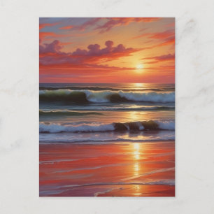 Red Sunset Ocean Seascape Painting Artwork Postcard