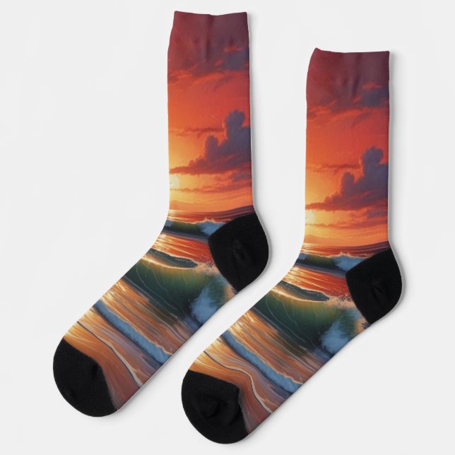 Red Sunset Ocean Seascape Painting Artwork Socks (Left)