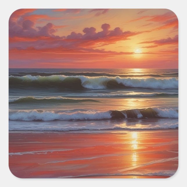 Red Sunset Ocean Seascape Painting Artwork Square Sticker (Front)