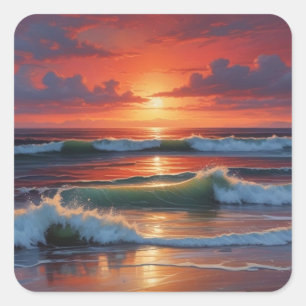 Red Sunset Ocean Seascape Painting Artwork Square Sticker